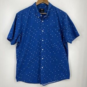 Oakley Short Sleeve Button Shirt Men's XL Blue Slim Fit Geometric All Over Print